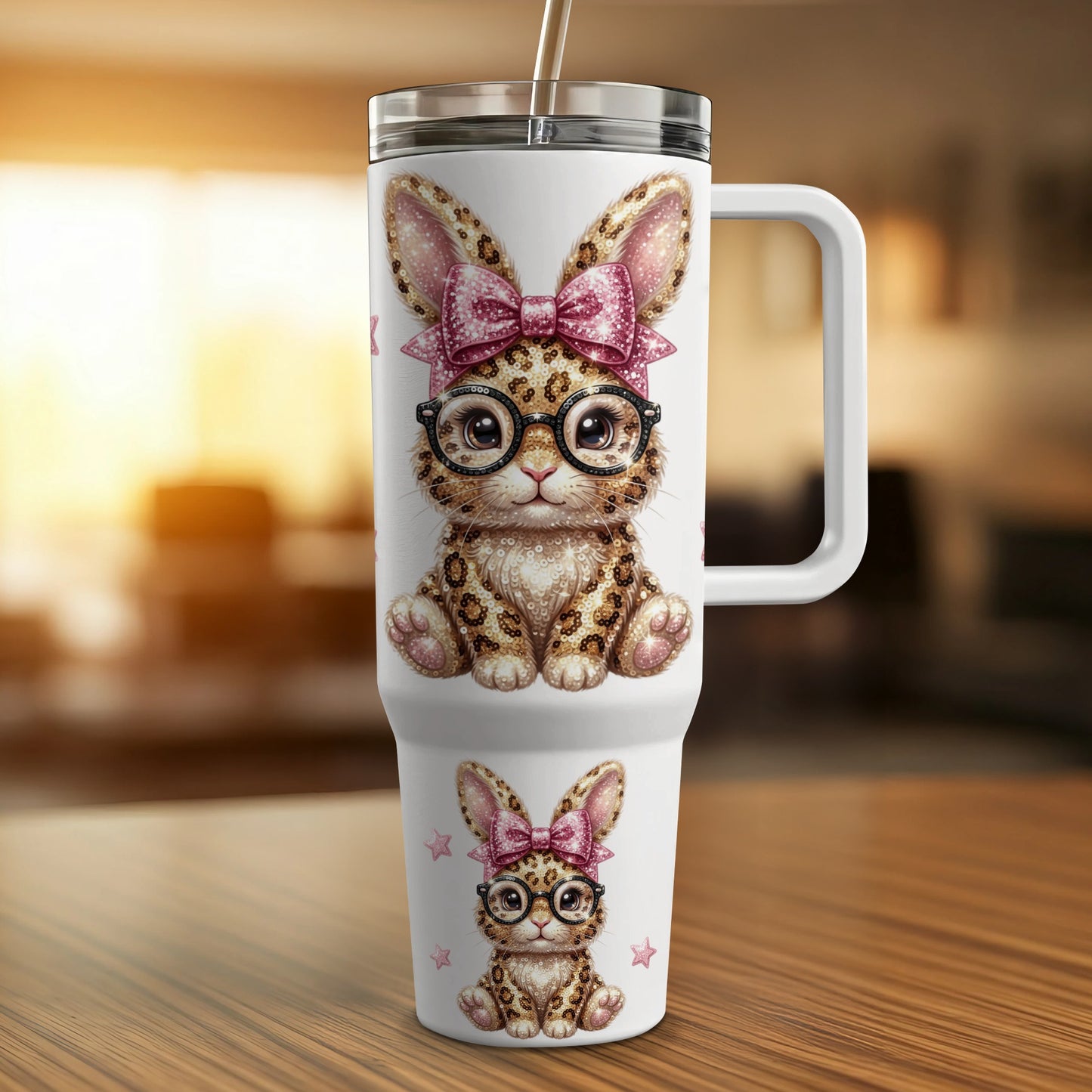 White tumbler with leopard print bunny wearing glasses and pink bow.