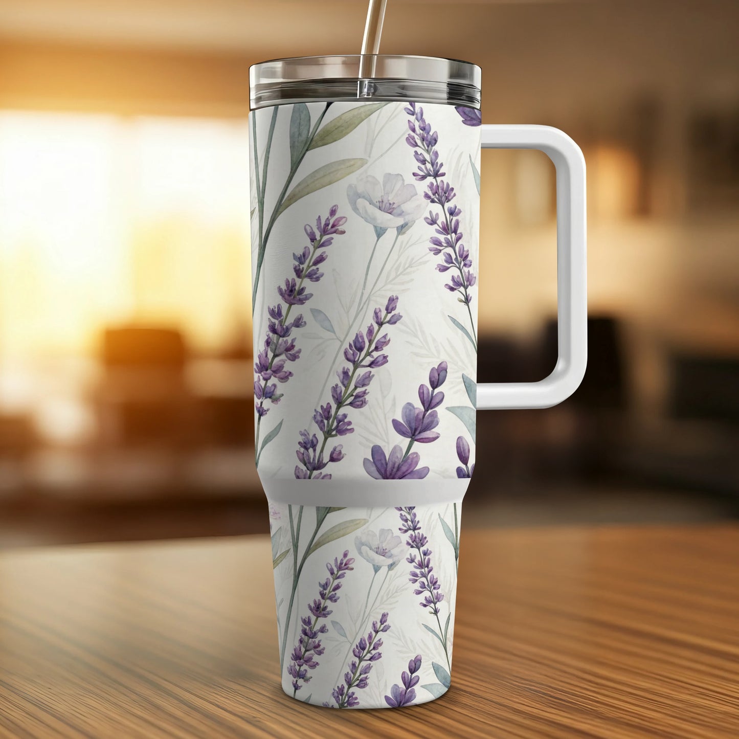 Tumbler with lavender floral pattern and handle.