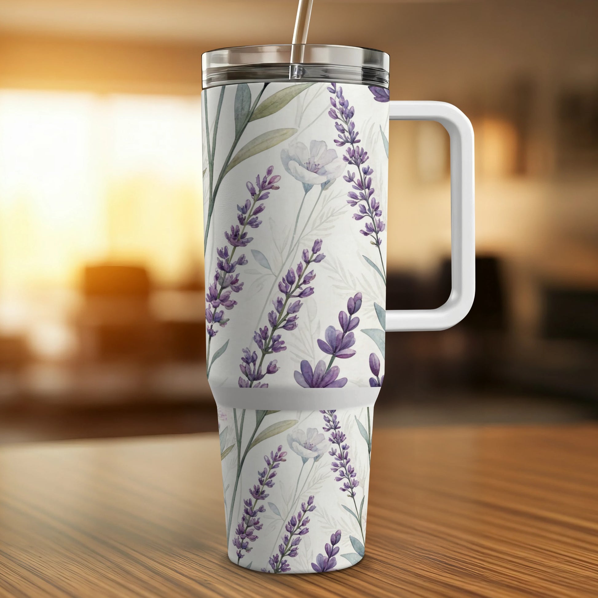 Tumbler with lavender floral pattern and handle.