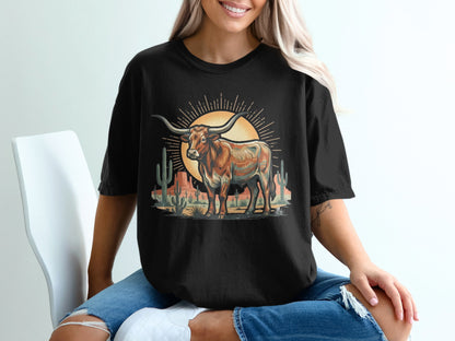 Black t-shirt with desert scene featuring a longhorn bull and cacti.