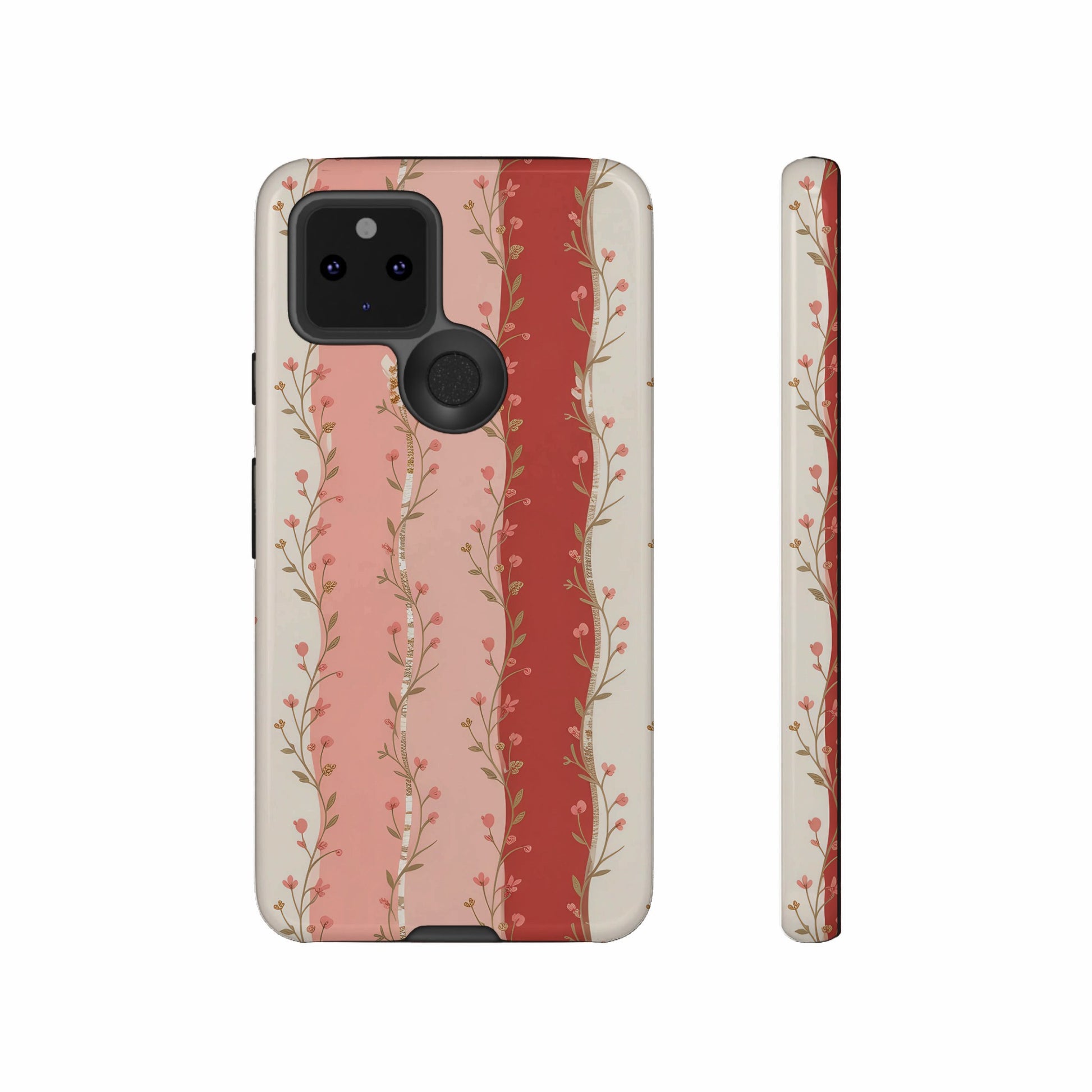 Phone case with vertical floral stripes in pink and beige.