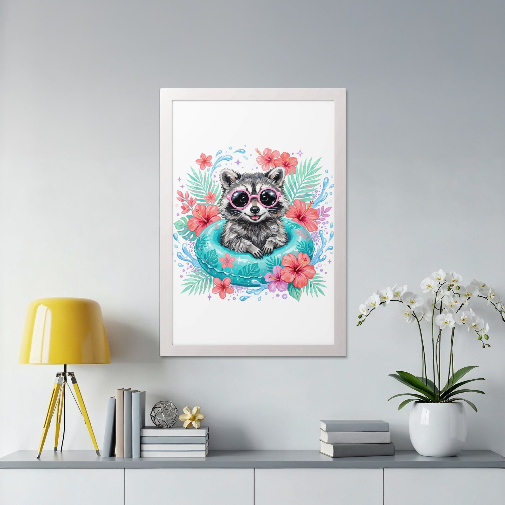 Cartoon raccoon in inner tube with sunglasses and tropical flowers.