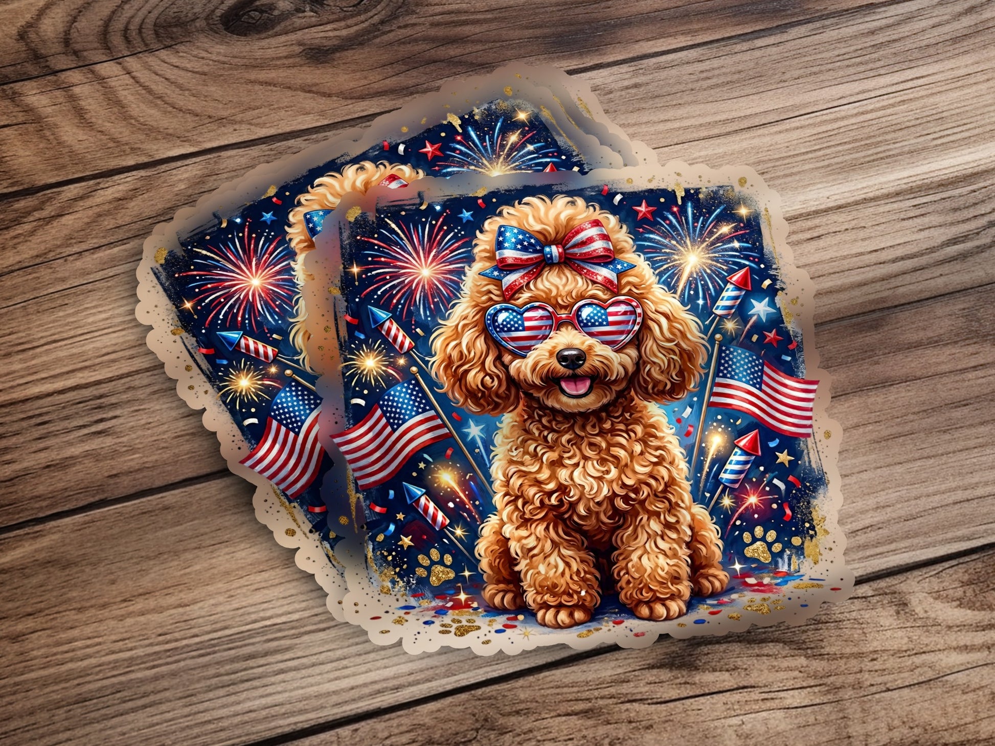 Fluffy dog wearing American flag bow and heart sunglasses with fireworks.