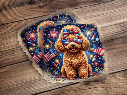 Fluffy dog wearing American flag bow and heart sunglasses with fireworks.