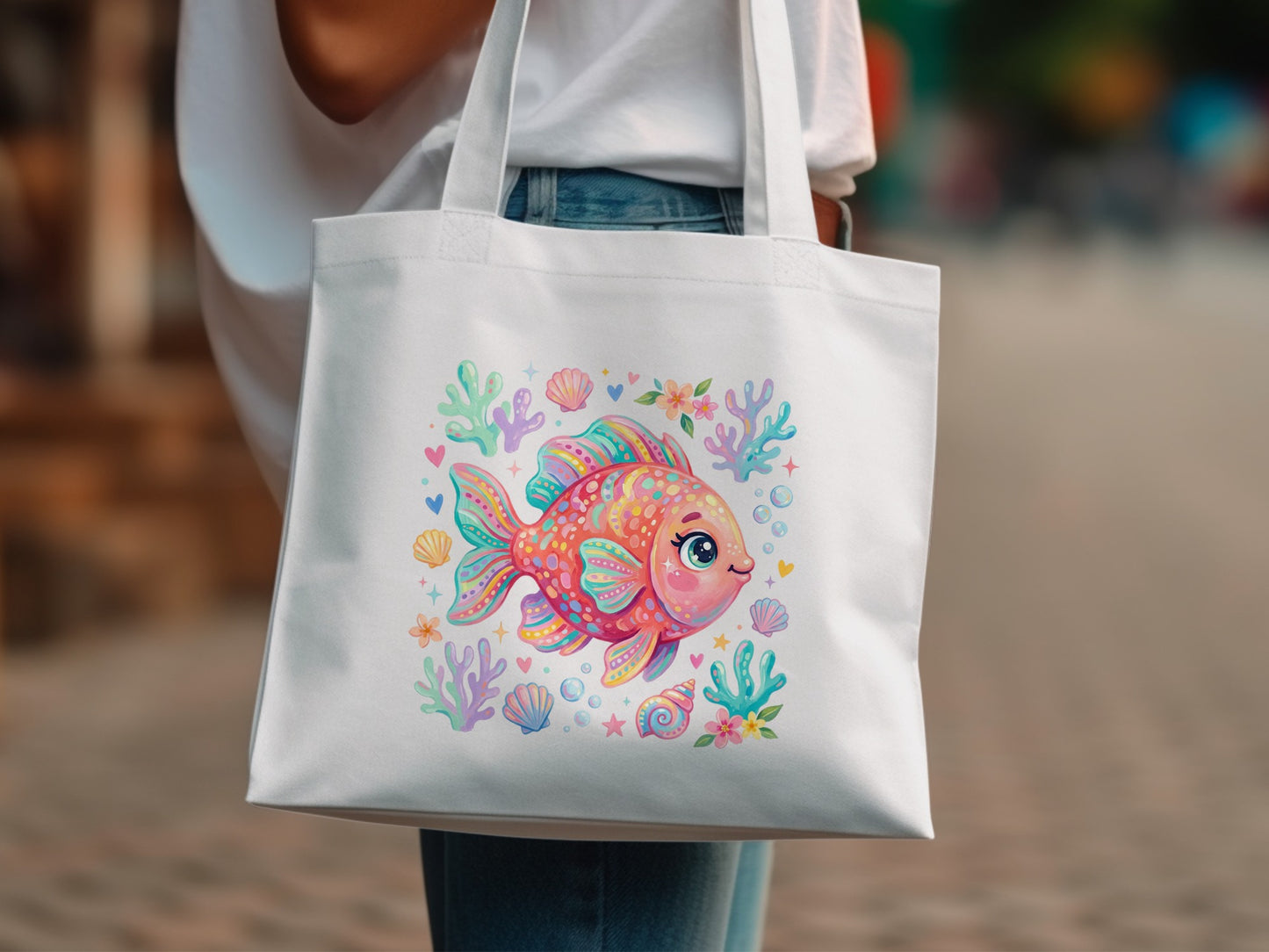 White tote bag with a colorful cartoon fish and coral print.