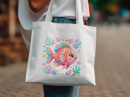 White tote bag with a colorful cartoon fish and coral print.