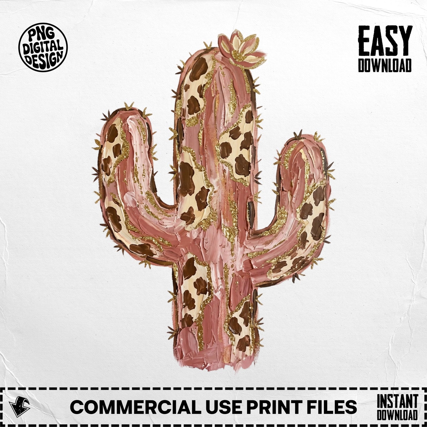 Pink cactus with brown spots and gold glitter accents, "Easy Download" text.