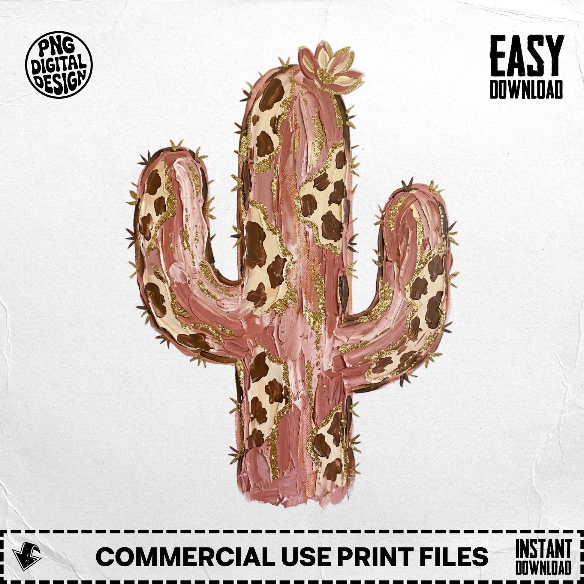 Pink cactus with brown spots and gold glitter accents, "Easy Download" text.