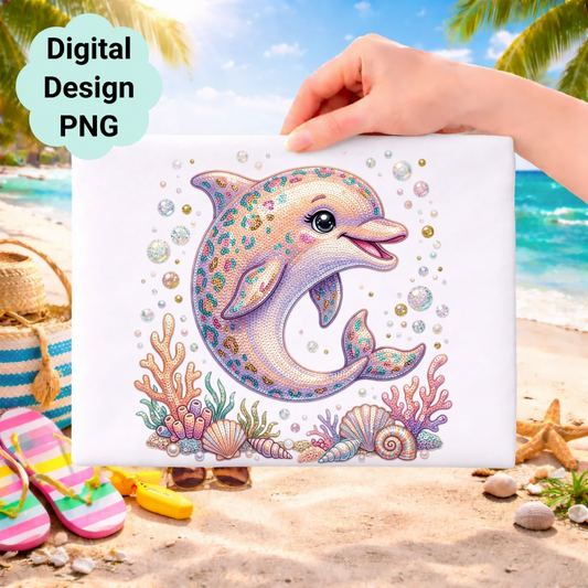 Sparkling sequin dolphin with seashells and coral on a beach background.