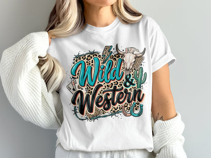 Wild & Western text with skull, cards, and cactus graphic on a white t-shirt.