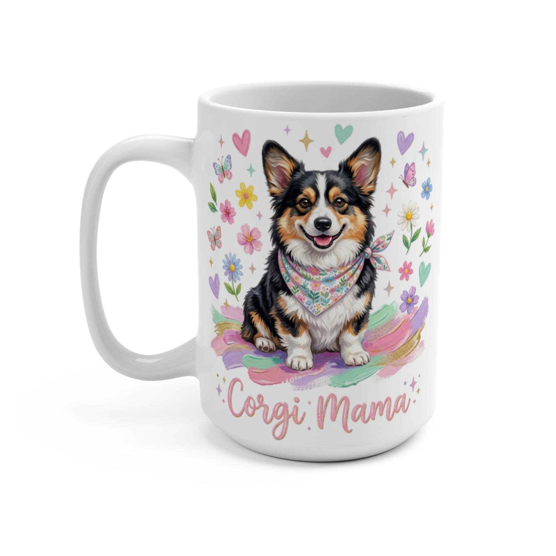Corgi wearing bandana sits on rainbow with butterflies and flowers, "Corgi Mama" text.