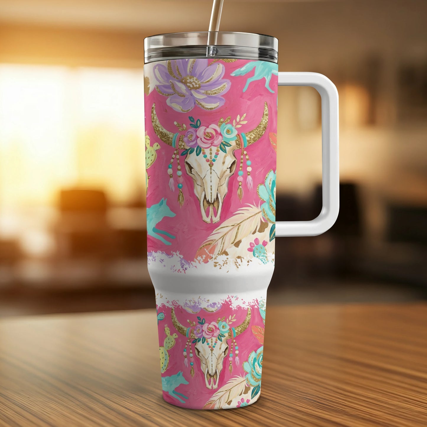 Pink tumbler with skull, cacti, and floral designs.
