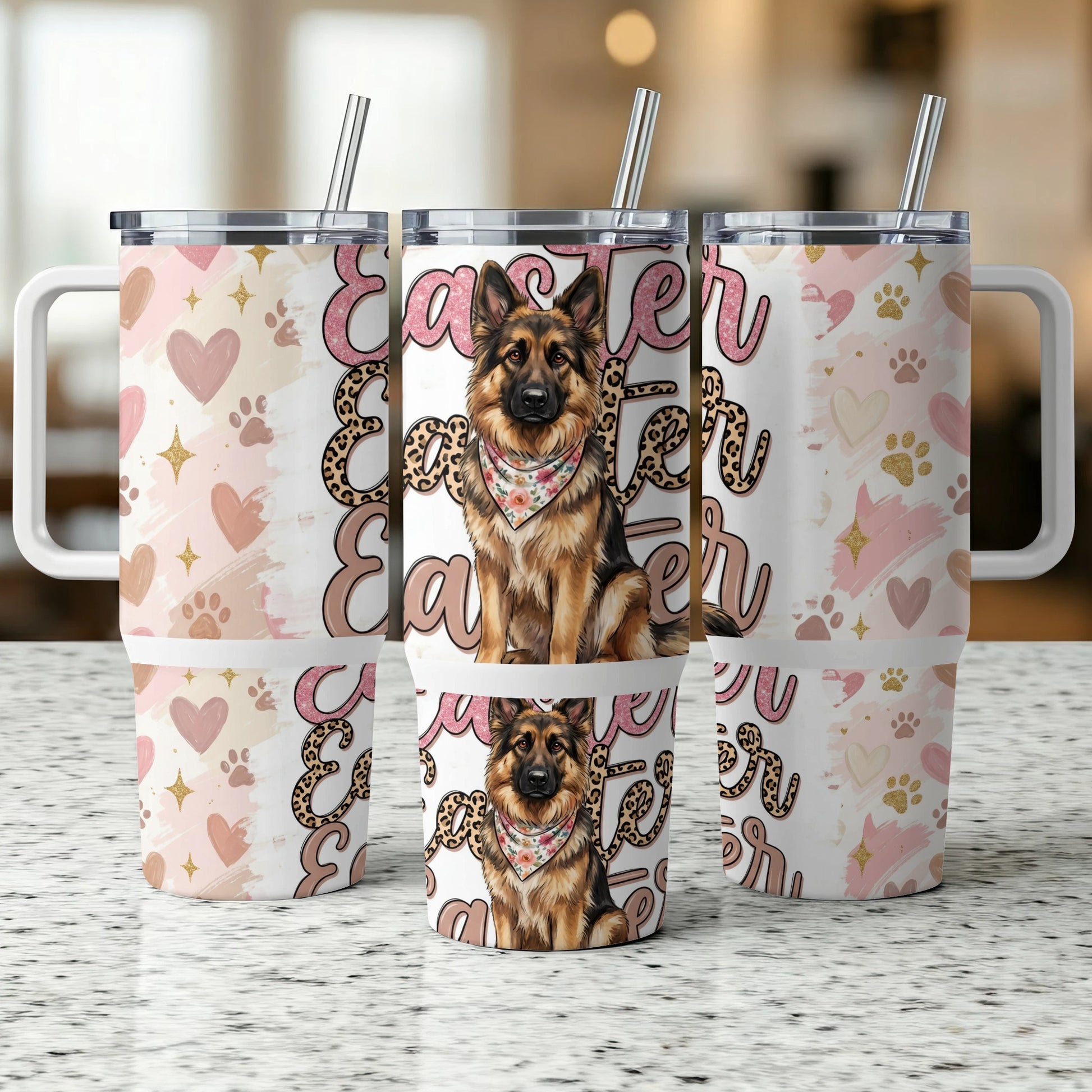 German Shepherd Easter tumbler with hearts and paw prints.