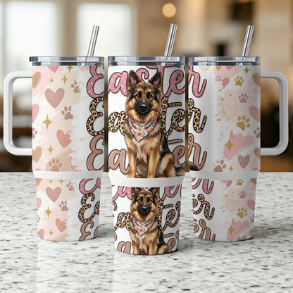 German Shepherd Easter tumbler with hearts and paw prints.