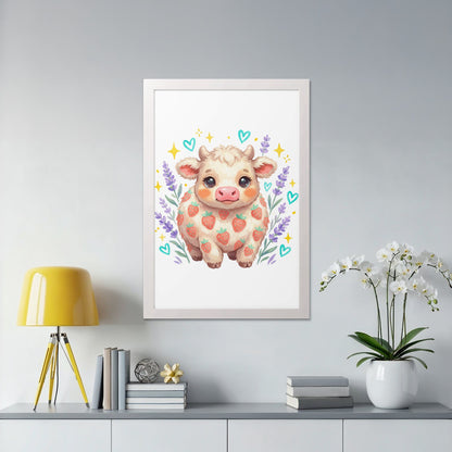 Kawaii strawberry cow with lavender sprigs and hearts in a white frame.