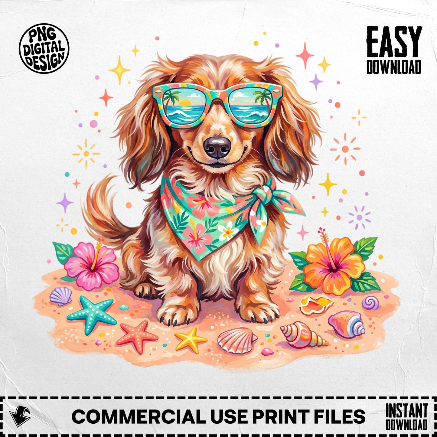 Dachshund dog wearing sunglasses and bandana on beach with flowers and seashells.