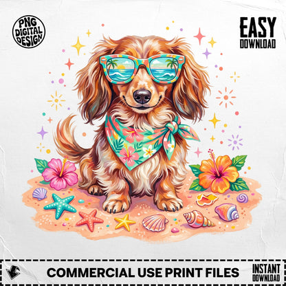 Dachshund dog wearing sunglasses and bandana on beach with flowers and seashells.