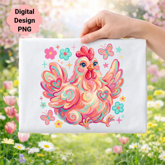 Colorful illustration of a cheerful chicken with flowers and butterflies.