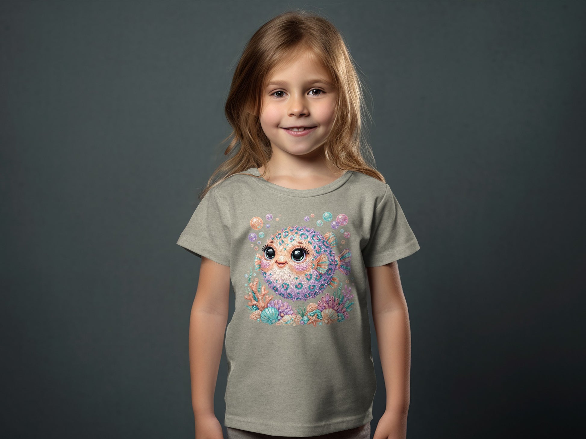Child wearing a grey t-shirt with a colorful pufferfish and sea-themed graphic.