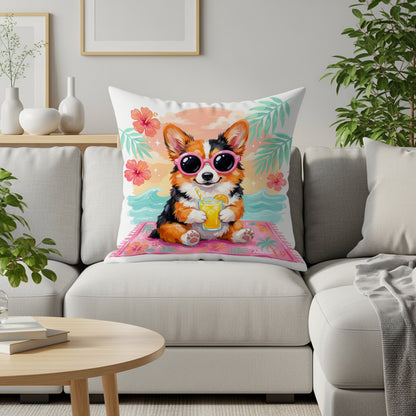 Corgi in sunglasses with drink on beach towel, near plants.