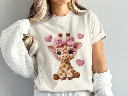 Plush giraffe wearing a pink bow and glasses with hearts.