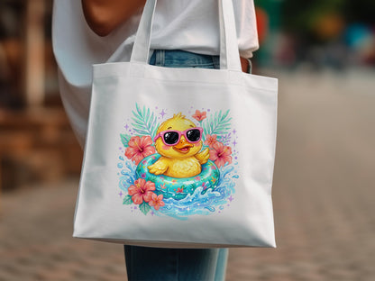 Cute yellow duck wearing sunglasses floating in a pool with flowers.