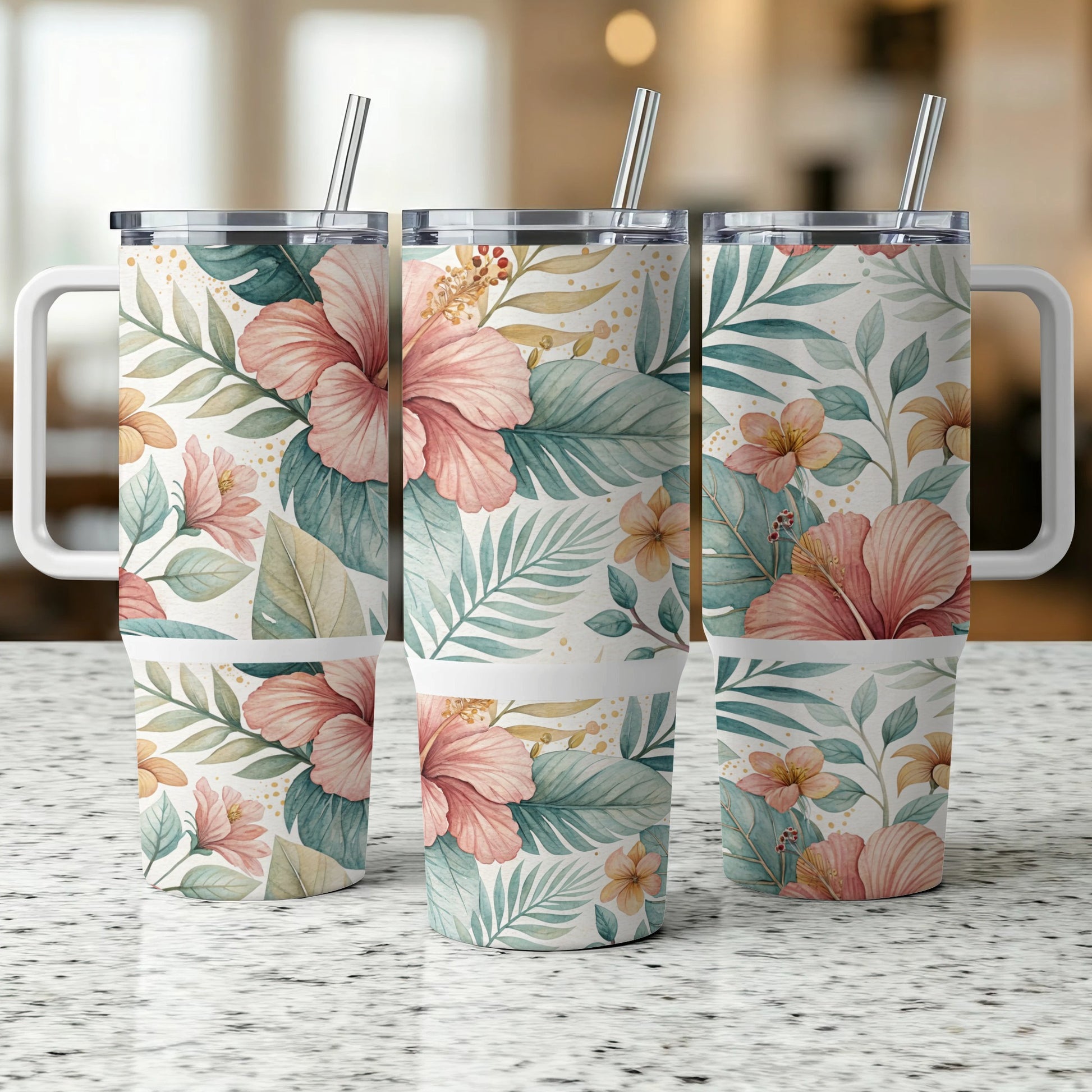 Three tumblers with hibiscus and tropical leaf floral pattern.
