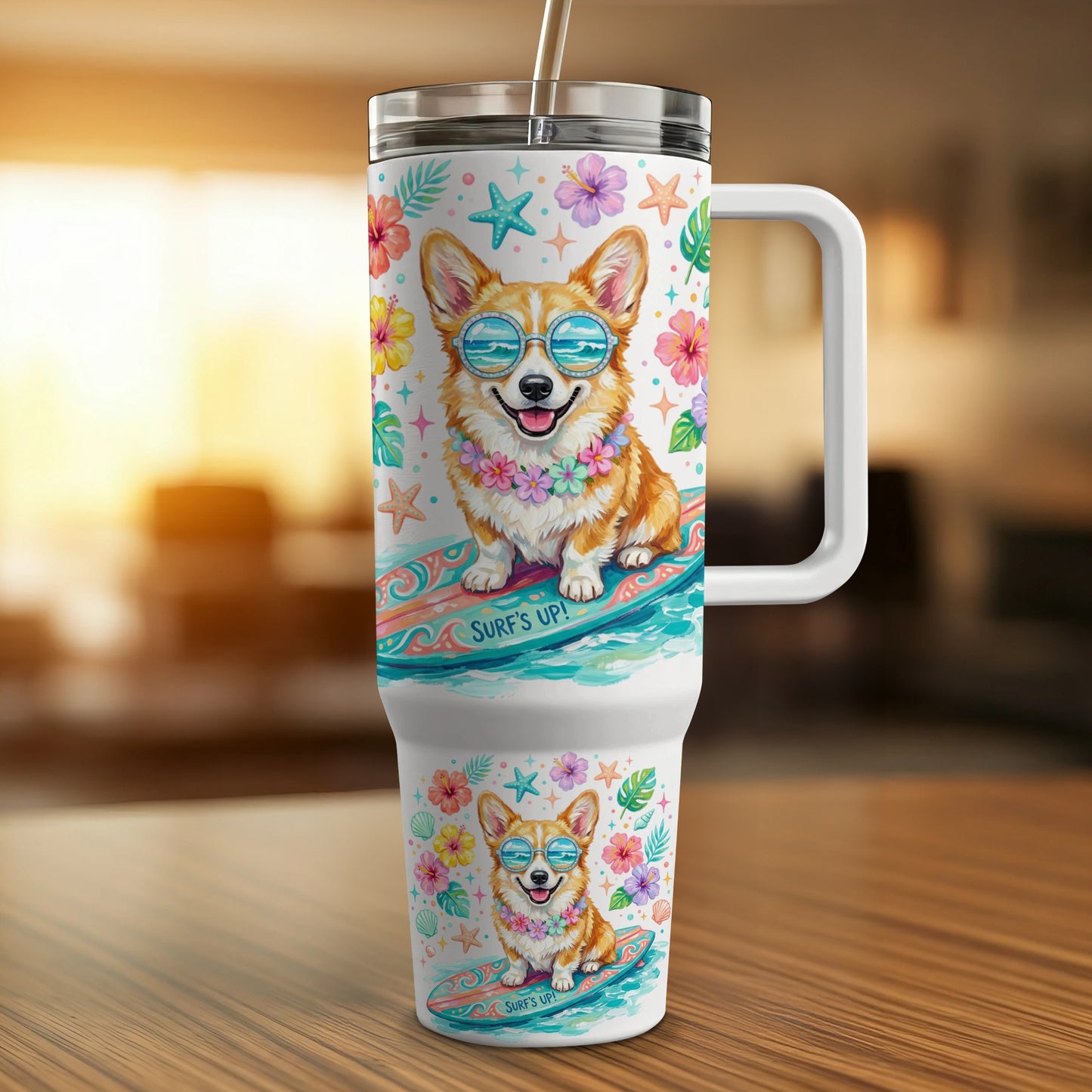 Corgi on surfboard with sunglasses and flowers, surrounded by tropical motifs.
