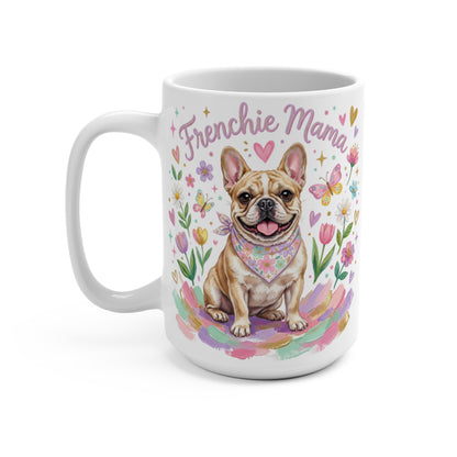French Bulldog wearing bandana on colorful brushstrokes, text "Frenchie Mama".