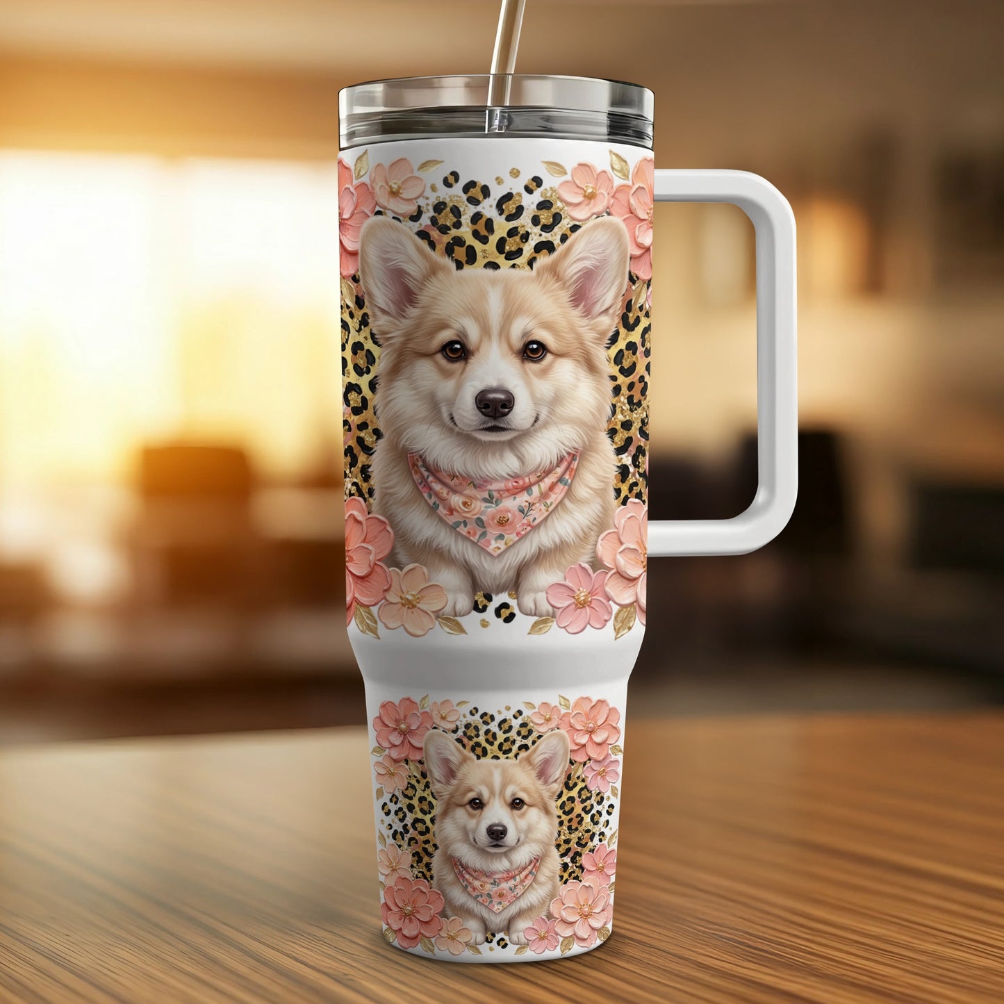 Corgo tumbler with floral and leopard print, featuring corgi face detail.