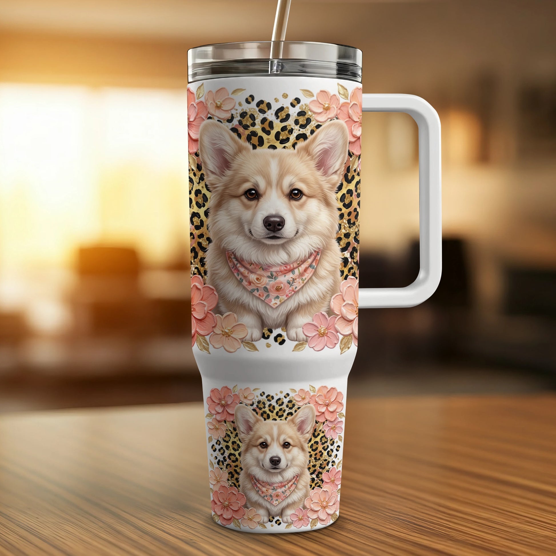 Corgo tumbler with floral and leopard print, featuring corgi face detail.