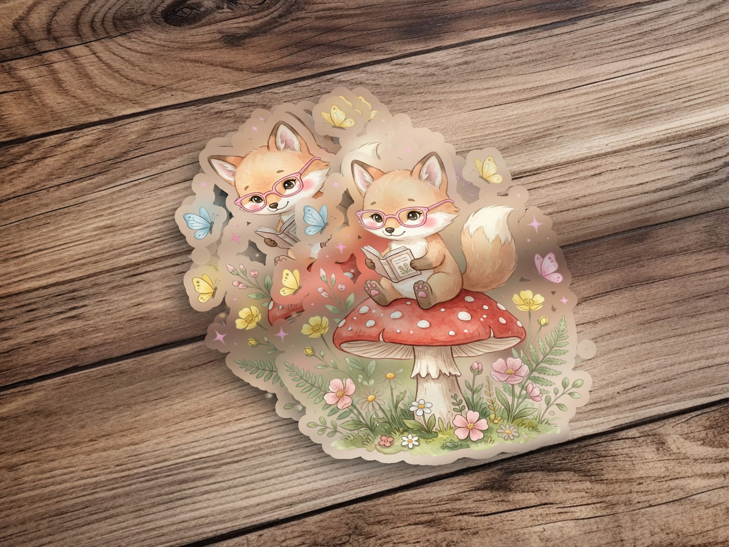 Two cartoon foxes reading on a mushroom with butterflies and flowers.