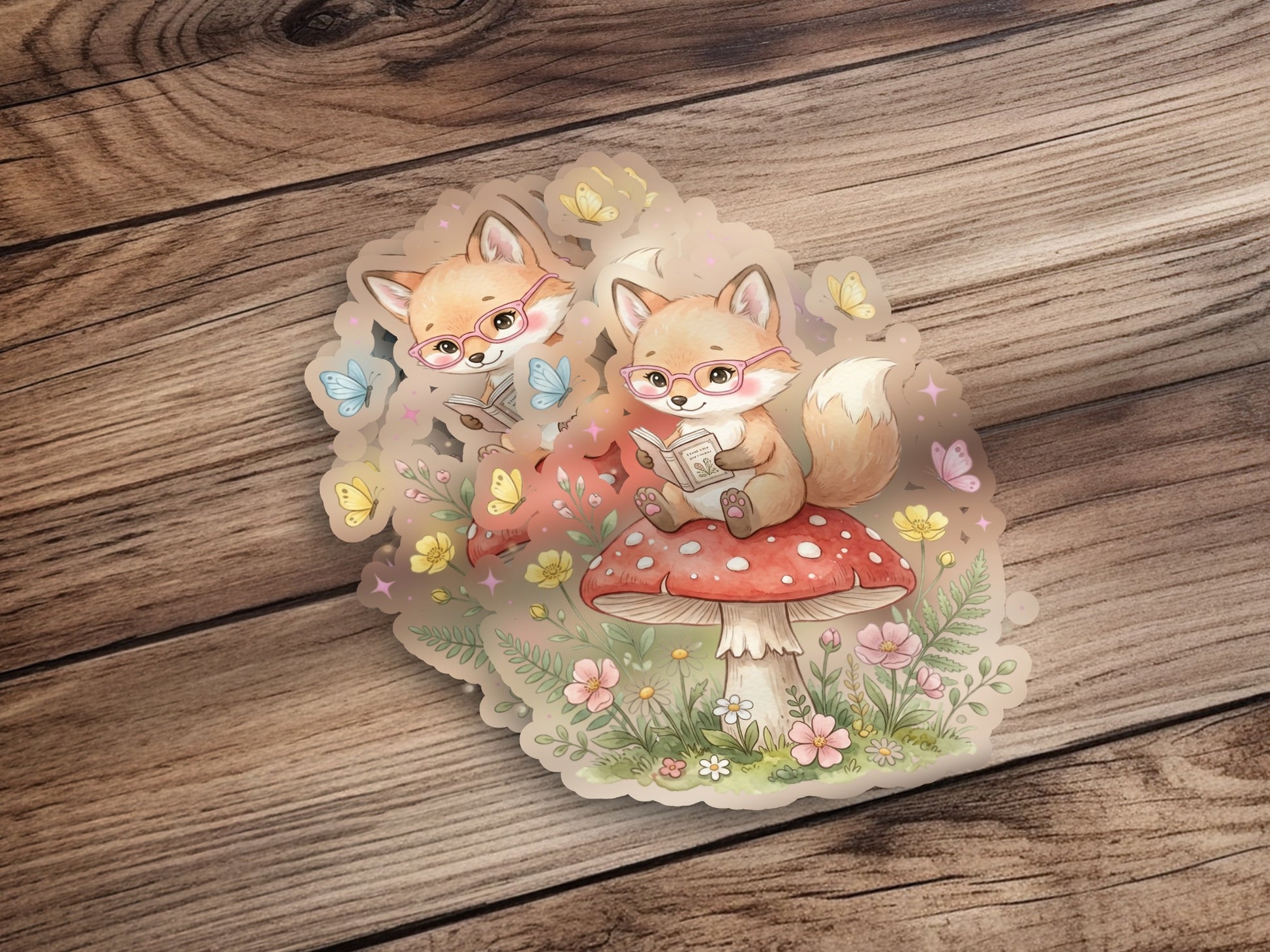 Two cartoon foxes reading on a mushroom with butterflies and flowers.
