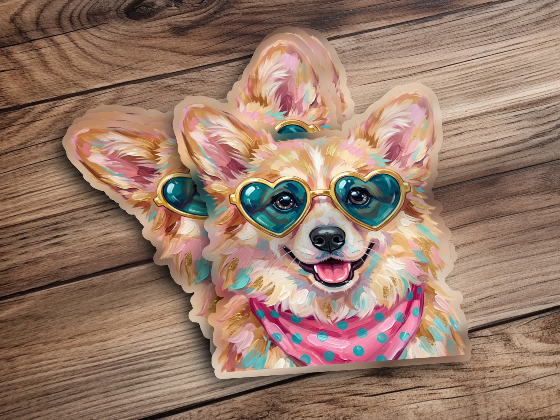 Corgi wearing heart-shaped sunglasses and a pink polka dot bandana.
