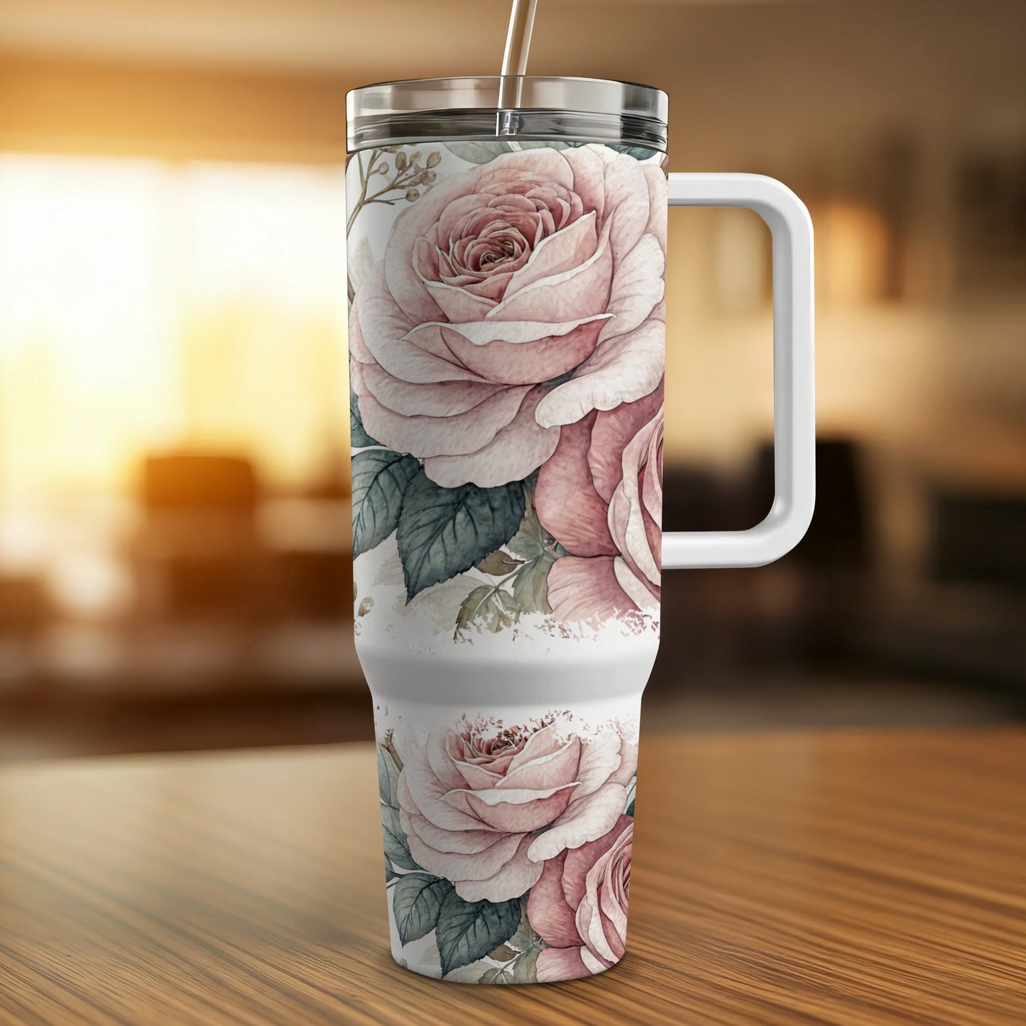 White tumbler with pink roses and a handle.