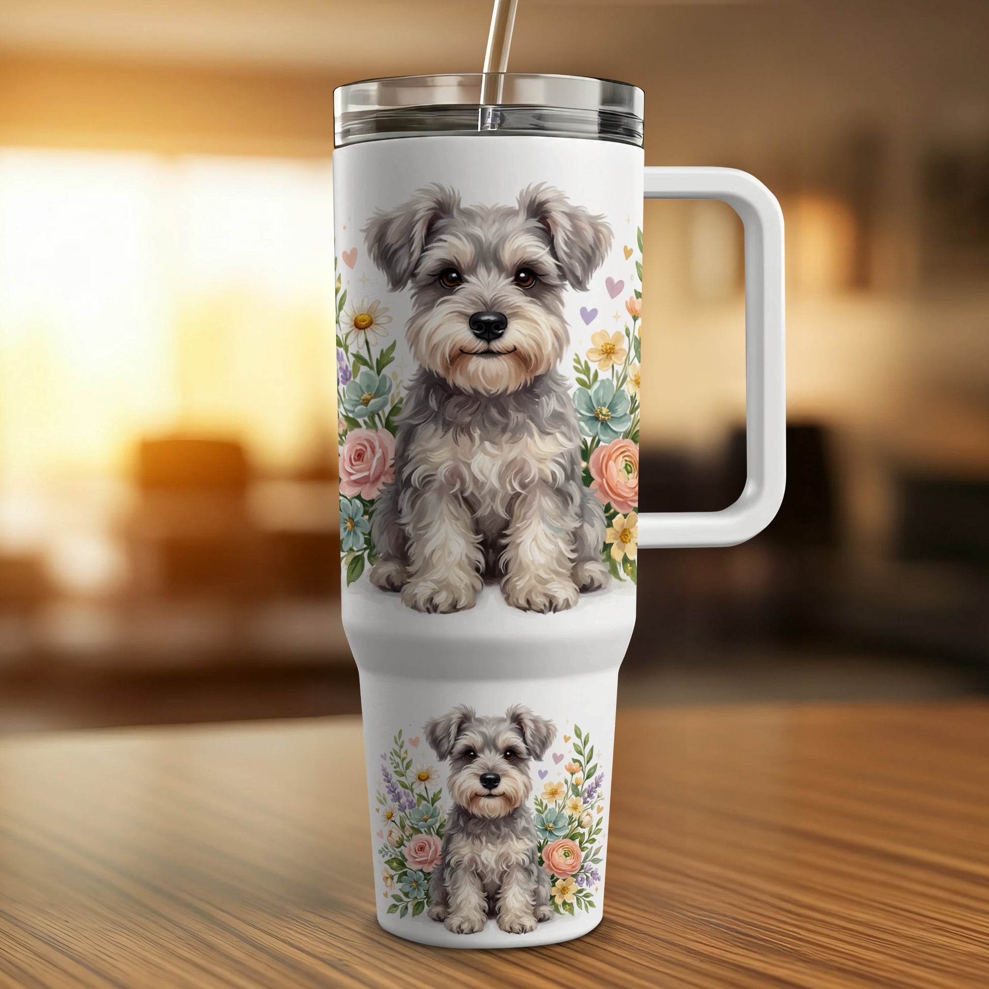 Gray schnauzer dog design on a white tumbler with floral accents.