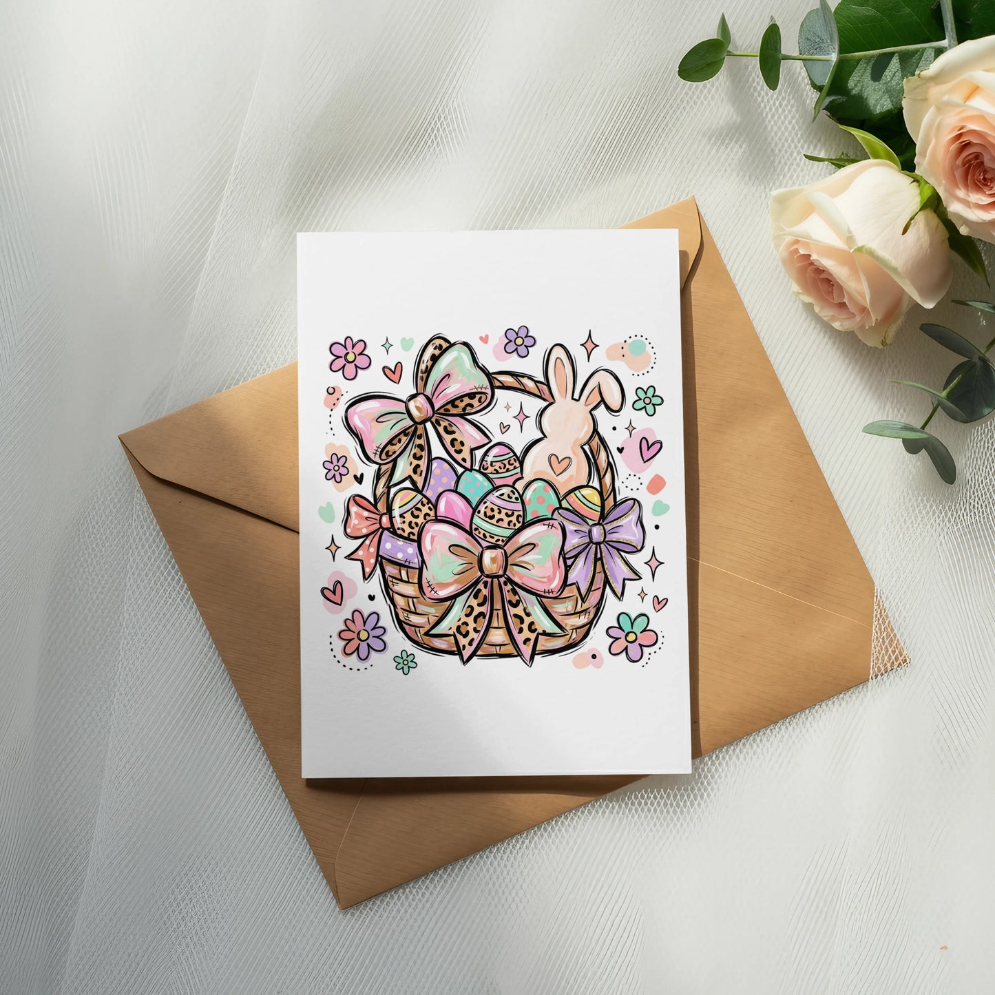 Easter basket illustration with eggs, bows, and a bunny on an envelope.