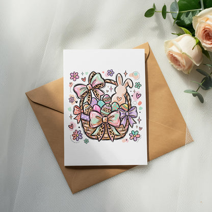 Easter basket illustration with eggs, bows, and a bunny on an envelope.