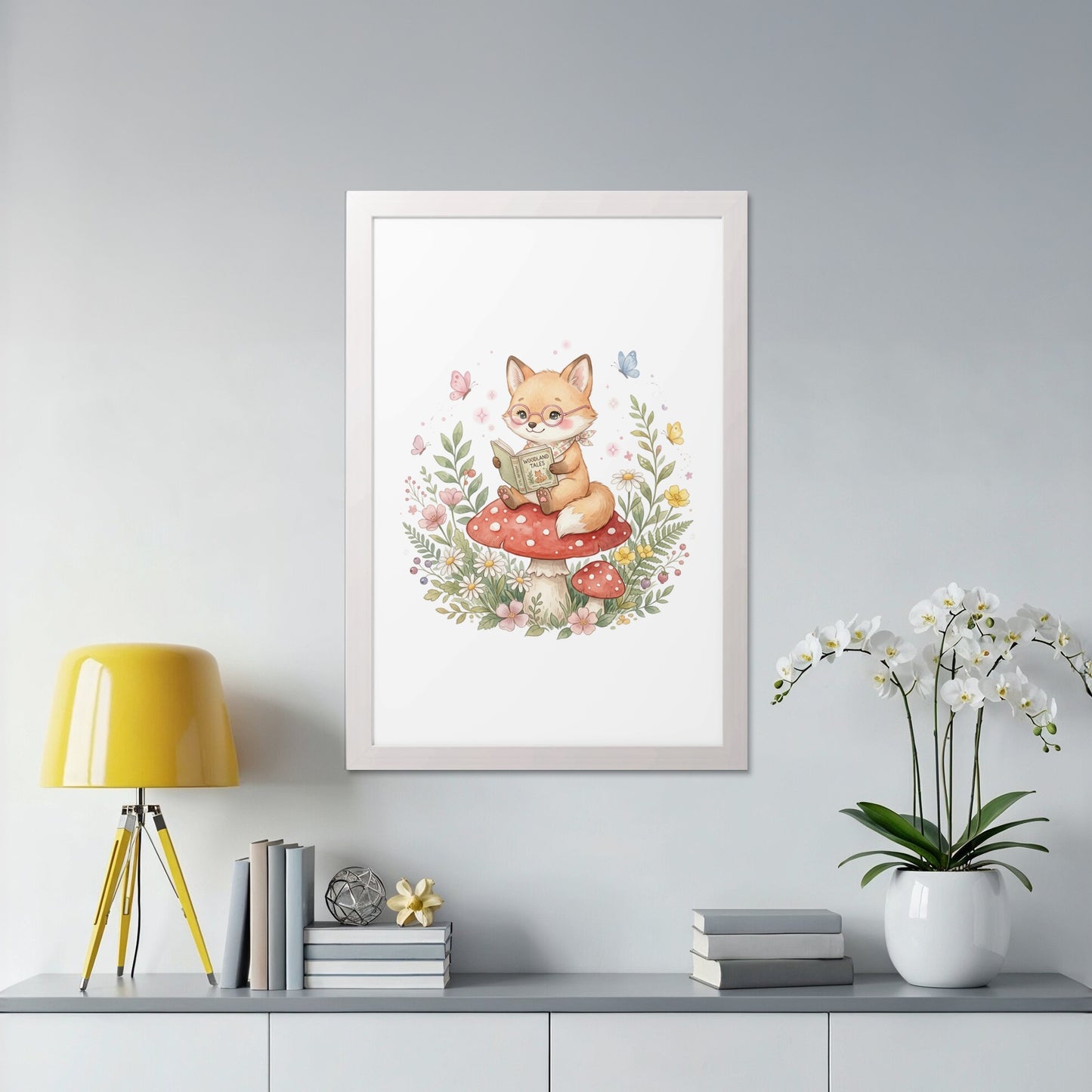 Whimsical fox reading a book on a mushroom surrounded by flowers and butterflies.