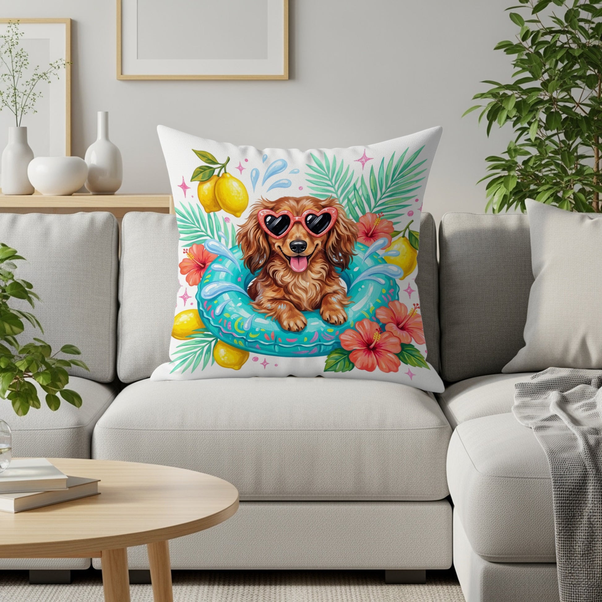 Dachshund wearing heart sunglasses floats in a pool with tropical leaves and lemons.