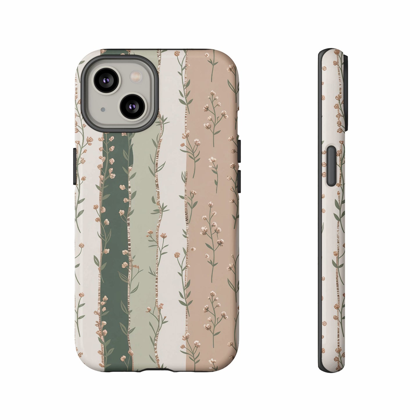 Phone case with a subtle floral stripe pattern in muted greens and beige.