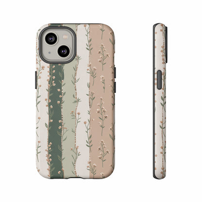 Phone case with a subtle floral stripe pattern in muted greens and beige.