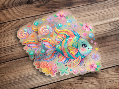 Colorful cartoon fish with flowers, shells, and starfish on a wooden background.