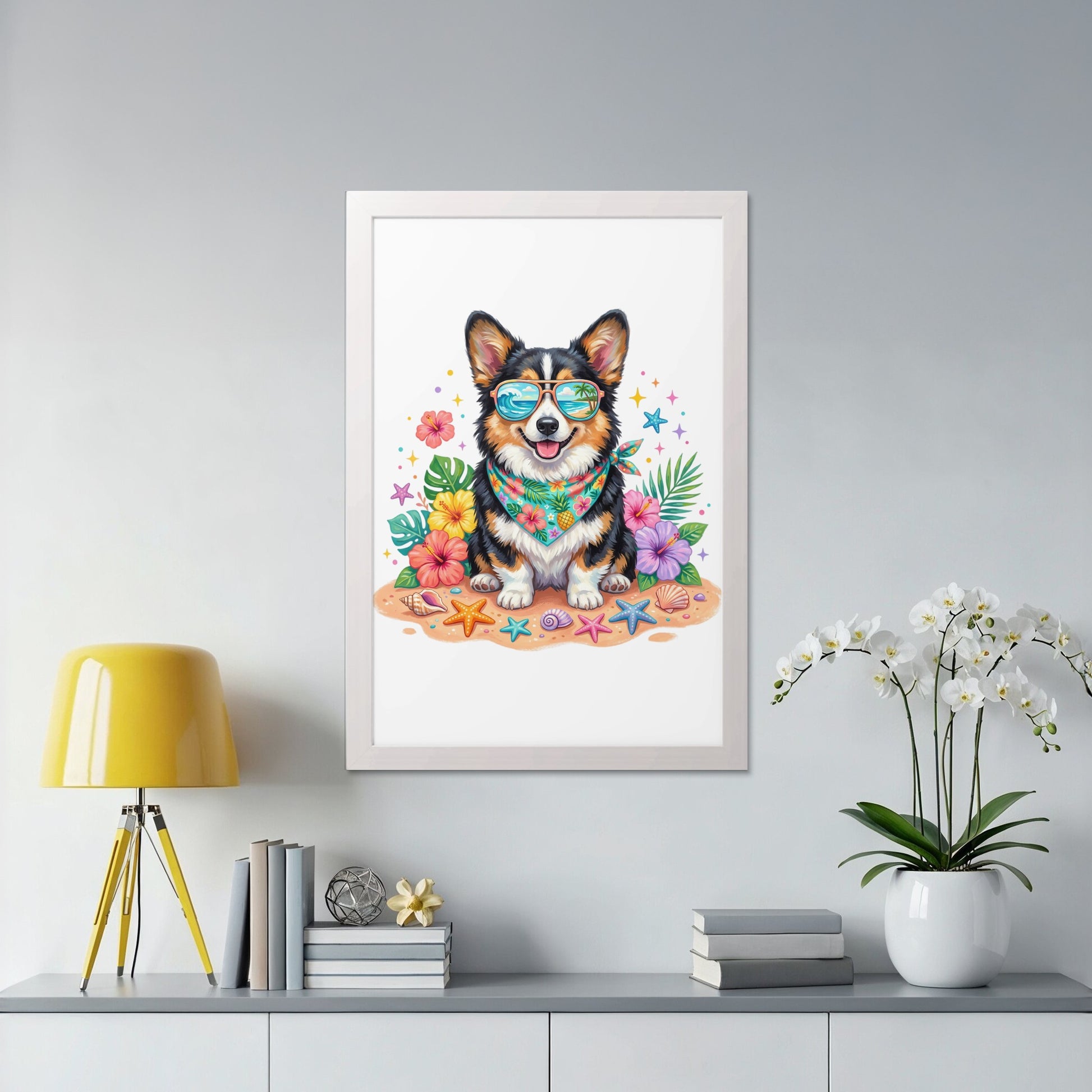 Corgi wearing sunglasses and a bandana with flowers and shells.