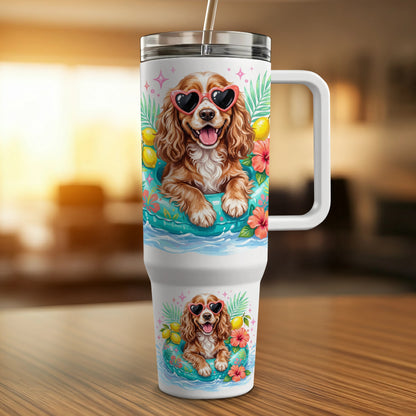 Dog with sunglasses and heart frame on a travel tumbler with a floral pattern.