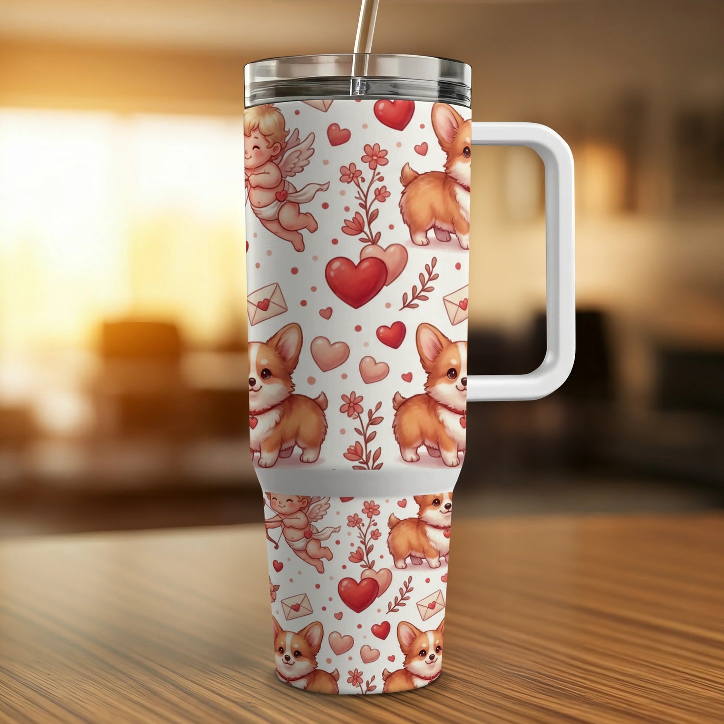 30 oz tumbler with corgis, hearts, and cherubs pattern.