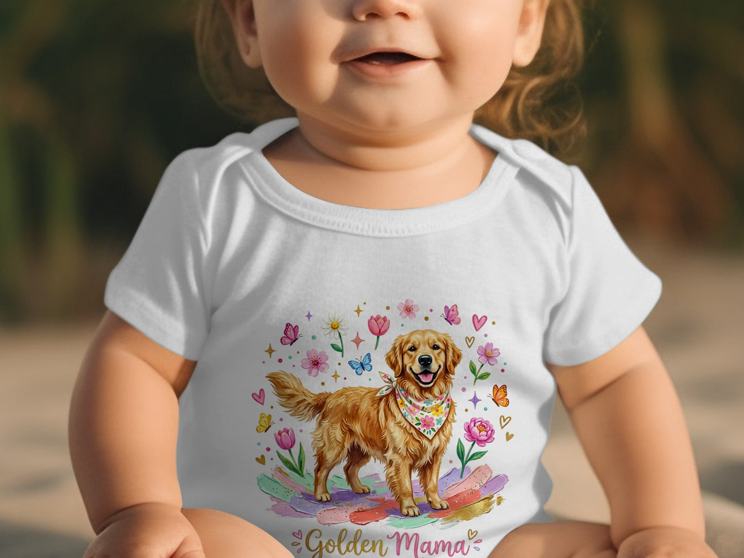 White baby onesie with golden retriever and "Golden Mama" text.
