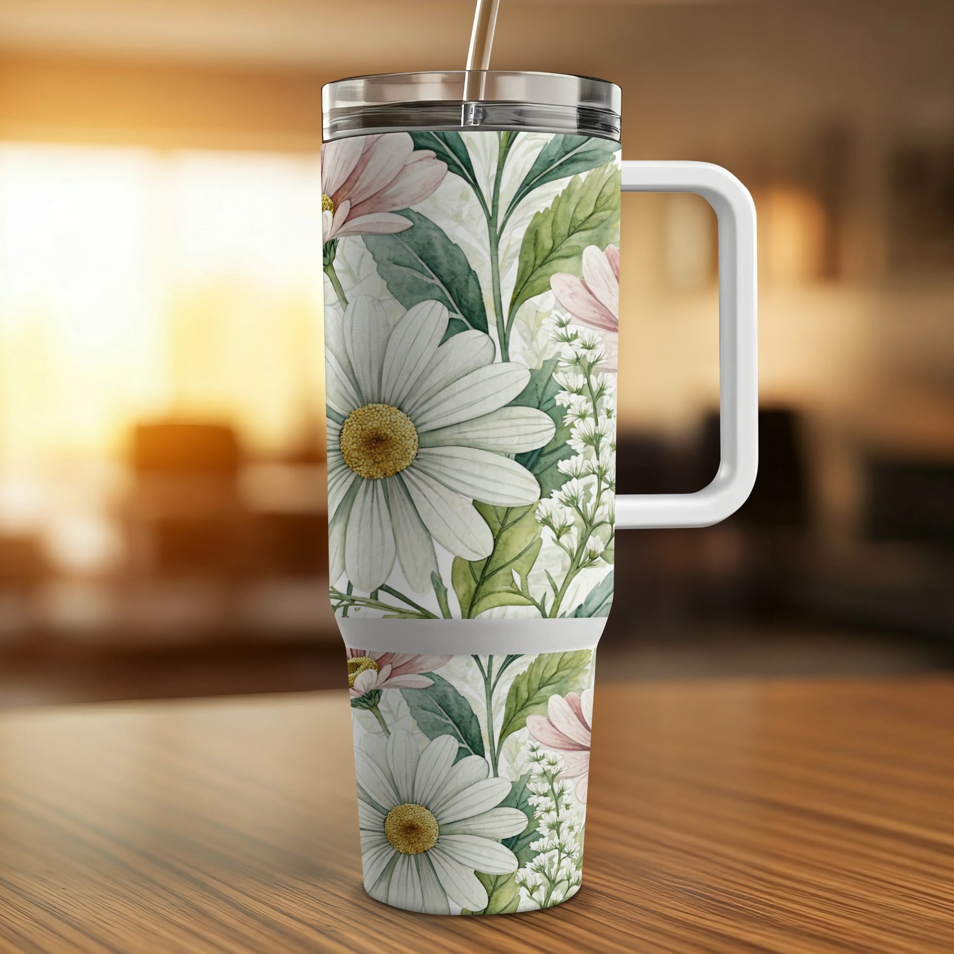 White daisies and green leaves pattern on a tumbler with a white handle.