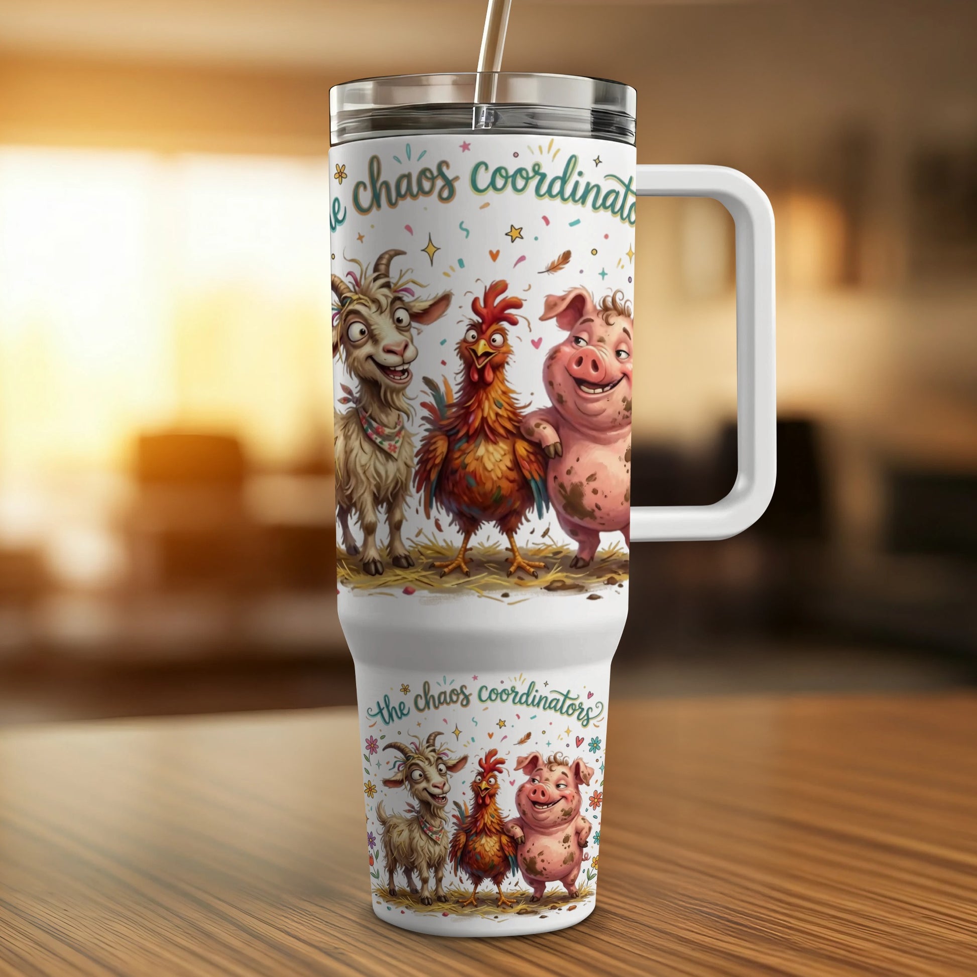Tumbler with cartoon goat, chicken, and pig wearing "the chaos coordinators" text.