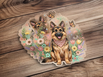 German Shepherd dog wearing a bandana surrounded by flowers and butterflies.